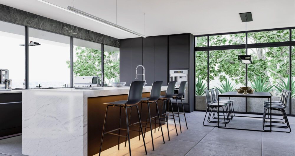3d rendering living dining kitchen interior design