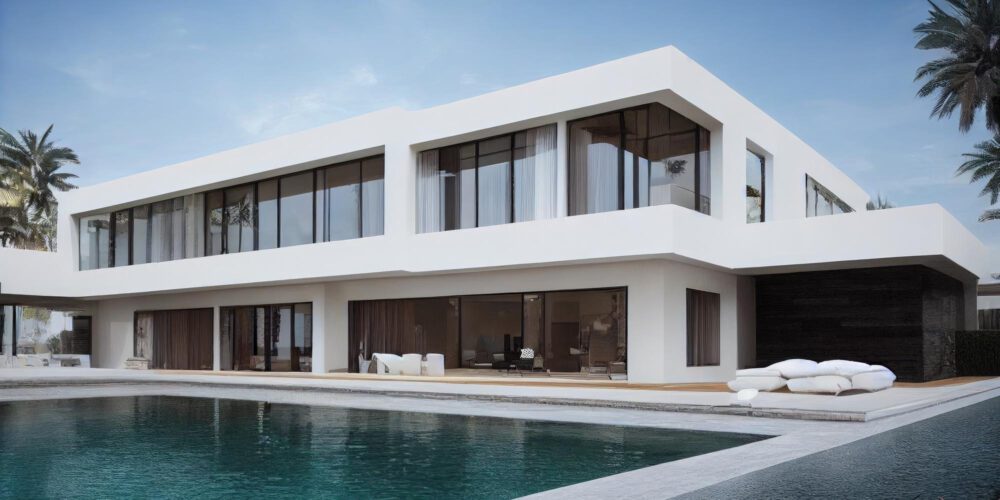 luxury pool villa spectacular contemporary design digital art real estate home house property generative ai illustration